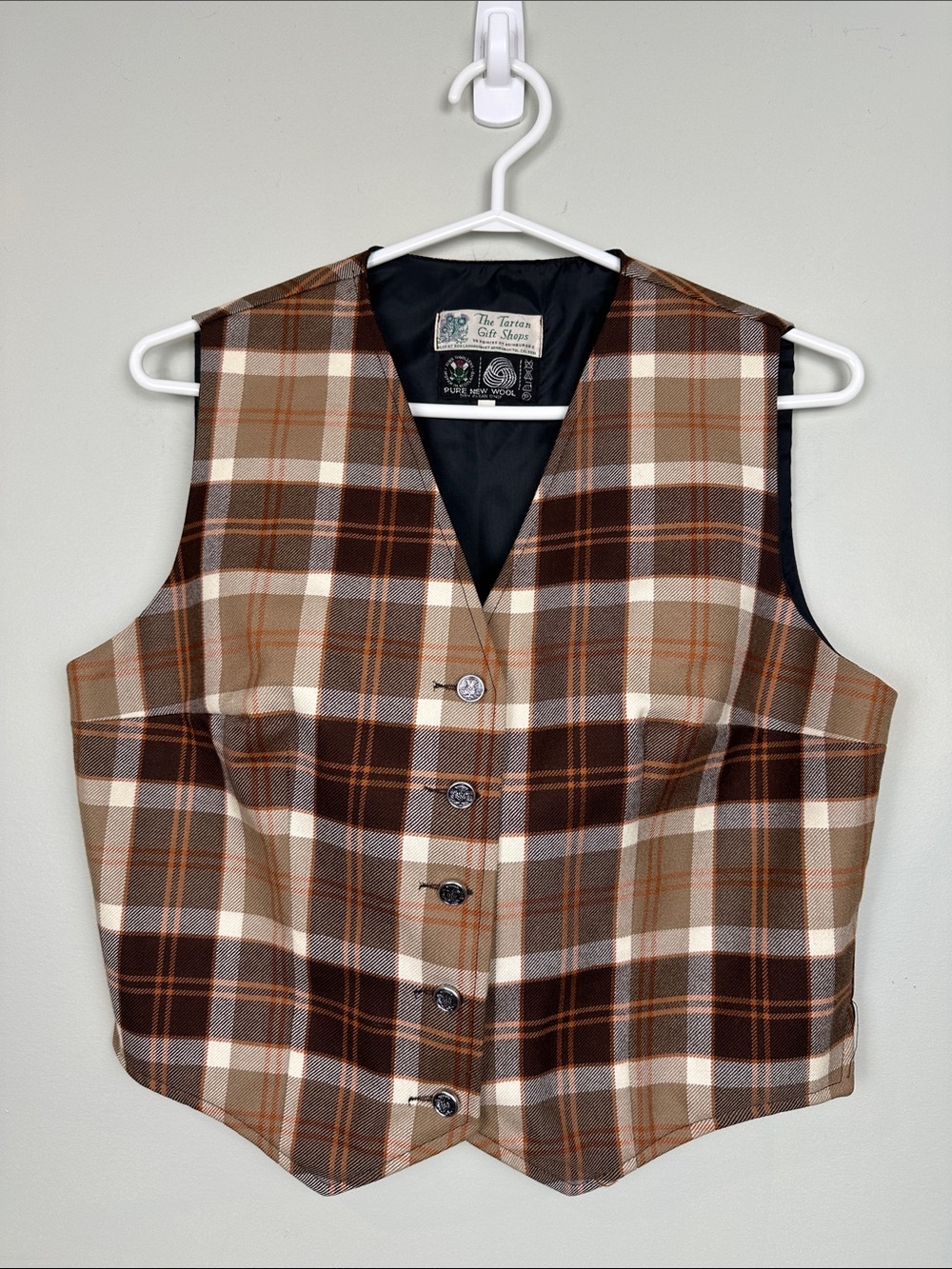 83. Scottish wool tartan plaid vest brown tan.